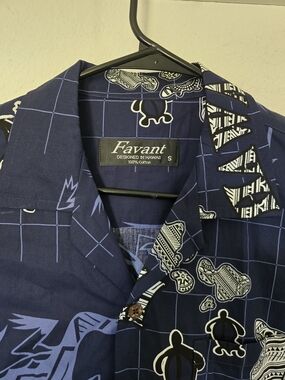 Favant Navy Aloha Shirt with Turtle & Tiki Motifs
